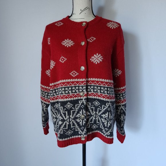 Vintage Eddie Bauer Wool Alpaca Fair Isle Nordic Cardigan Button Red Blue - Picture 3 of 8